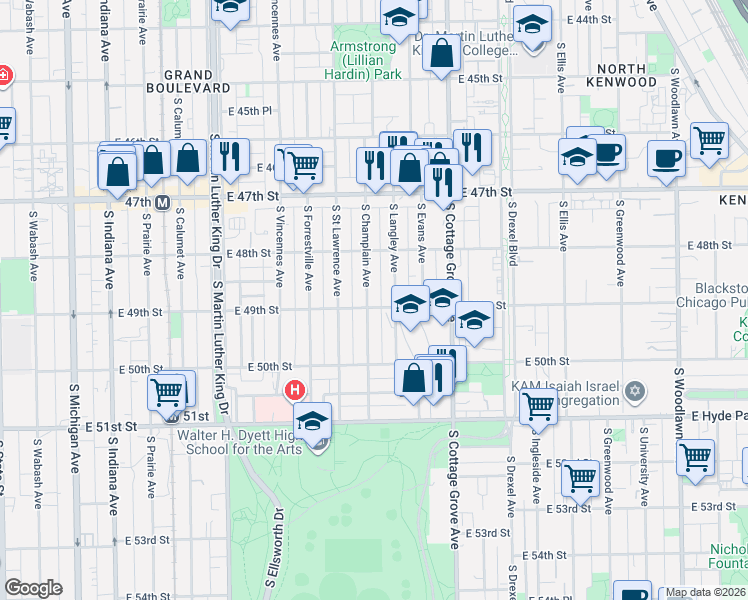 map of restaurants, bars, coffee shops, grocery stores, and more near 4851-59 South Champlain Avenue in Chicago