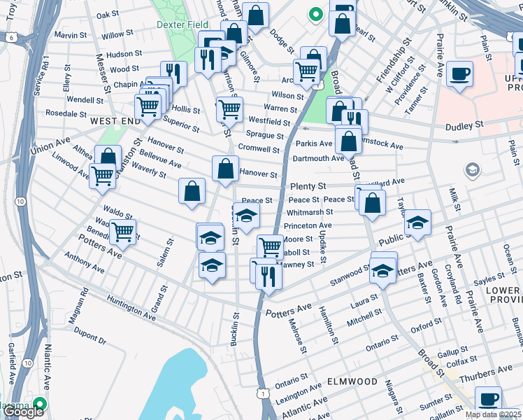 map of restaurants, bars, coffee shops, grocery stores, and more near 155 Whitmarsh Street in Providence