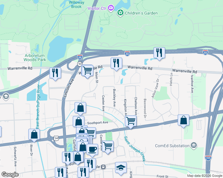 map of restaurants, bars, coffee shops, grocery stores, and more near 4400 Buckley Avenue in Lisle