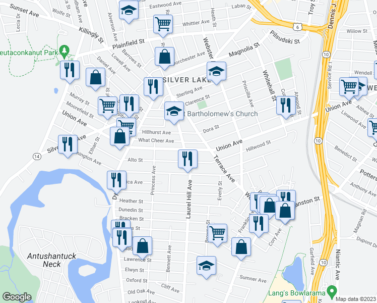 map of restaurants, bars, coffee shops, grocery stores, and more near 432 Union Avenue in Providence