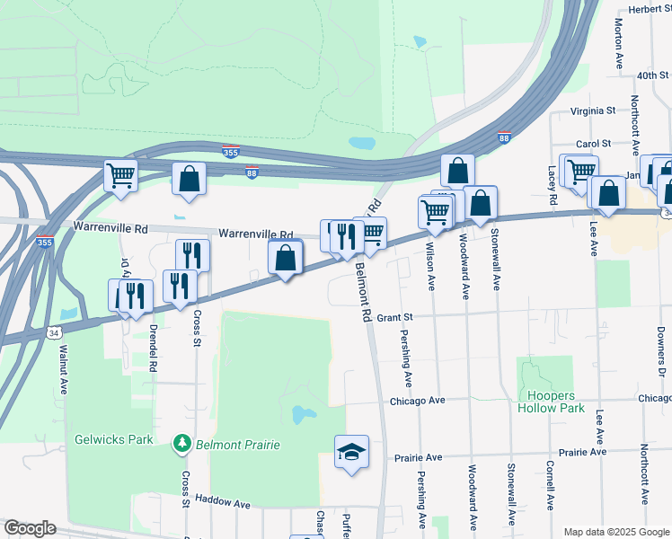 map of restaurants, bars, coffee shops, grocery stores, and more near 2223 Ogden Avenue in Downers Grove