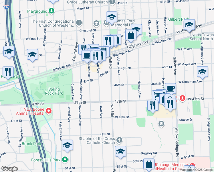 map of restaurants, bars, coffee shops, grocery stores, and more near in Western Springs