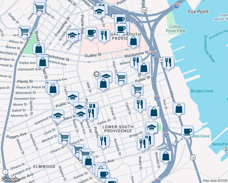 map of restaurants, bars, coffee shops, grocery stores, and more near 14 Saratoga Street in Providence