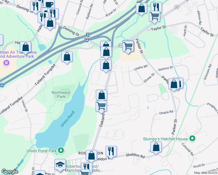 map of restaurants, bars, coffee shops, grocery stores, and more near 367 Oakland Street in Manchester