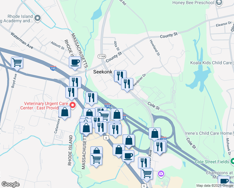 map of restaurants, bars, coffee shops, grocery stores, and more near 0 Fuller Street in Seekonk