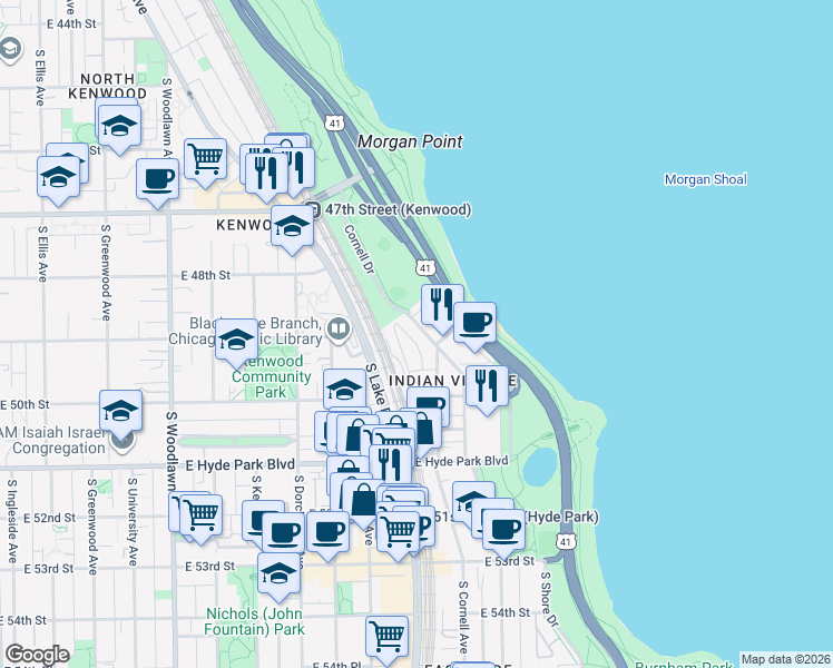 map of restaurants, bars, coffee shops, grocery stores, and more near 4922 South Cornell Avenue in Chicago