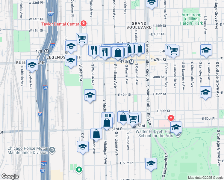 map of restaurants, bars, coffee shops, grocery stores, and more near 4840 South Indiana Avenue in Chicago