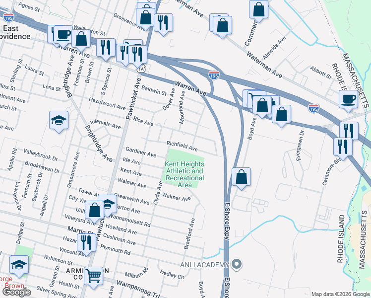 map of restaurants, bars, coffee shops, grocery stores, and more near 46 Richfield Avenue in East Providence