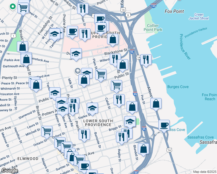 map of restaurants, bars, coffee shops, grocery stores, and more near 252 Public Street in Providence