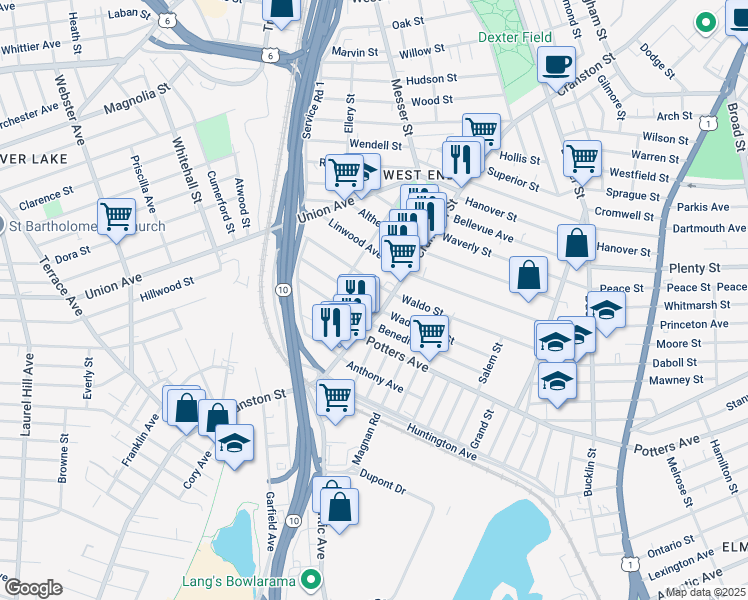 map of restaurants, bars, coffee shops, grocery stores, and more near 181 Wadsworth Street in Providence