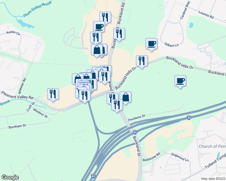 map of restaurants, bars, coffee shops, grocery stores, and more near 350 Buckland St in Manchester