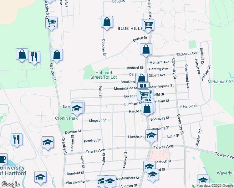 map of restaurants, bars, coffee shops, grocery stores, and more near 69 Morningside Street West in Hartford