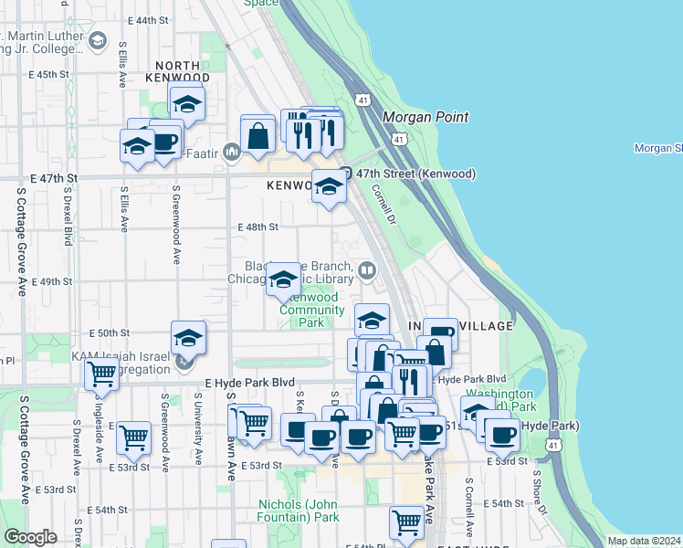 map of restaurants, bars, coffee shops, grocery stores, and more near 1426 East 49th Street in Chicago