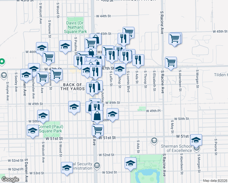 map of restaurants, bars, coffee shops, grocery stores, and more near 4808 South Bishop Street in Chicago
