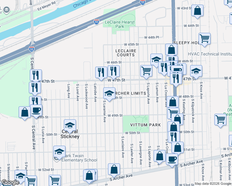 map of restaurants, bars, coffee shops, grocery stores, and more near 4733 South Leamington Avenue in Chicago