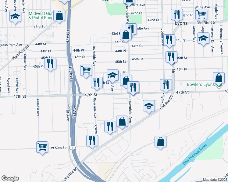 map of restaurants, bars, coffee shops, grocery stores, and more near 4637 Clyde Avenue in Lyons