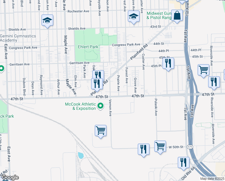 map of restaurants, bars, coffee shops, grocery stores, and more near 4629 Vernon Avenue in Brookfield