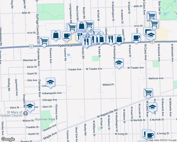 map of restaurants, bars, coffee shops, grocery stores, and more near 312 West Traube Avenue in Westmont