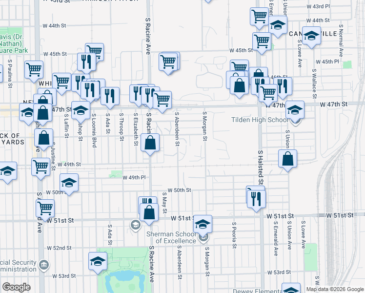 map of restaurants, bars, coffee shops, grocery stores, and more near 4821 South Aberdeen Street in Chicago