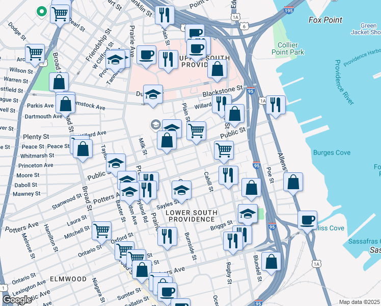 map of restaurants, bars, coffee shops, grocery stores, and more near 290 Public Street in Providence