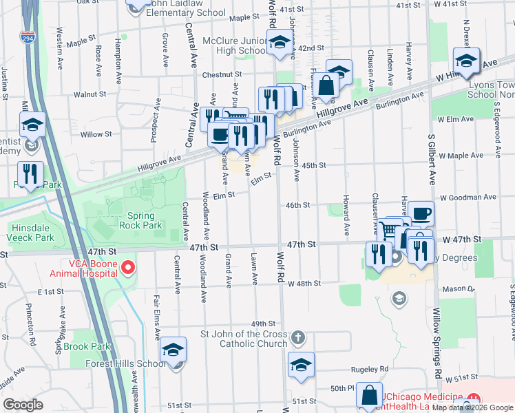 map of restaurants, bars, coffee shops, grocery stores, and more near 4557 Lawn Avenue in Western Springs