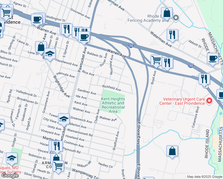 map of restaurants, bars, coffee shops, grocery stores, and more near 46 Richfield Avenue in East Providence