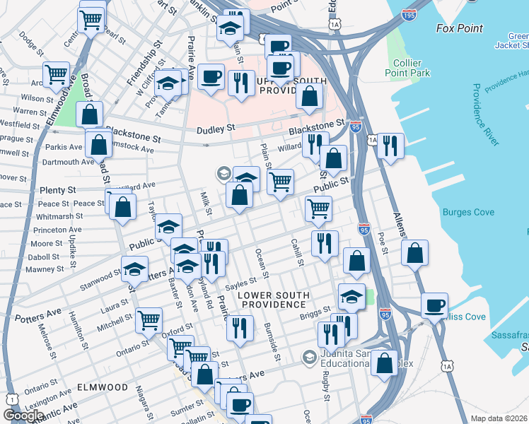 map of restaurants, bars, coffee shops, grocery stores, and more near 300 Public Street in Providence