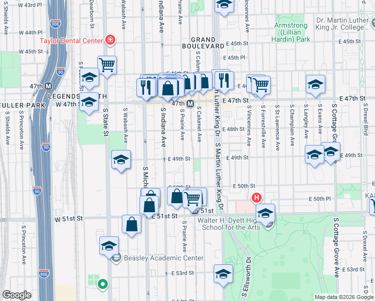 map of restaurants, bars, coffee shops, grocery stores, and more near 4843 South Prairie Avenue in Chicago