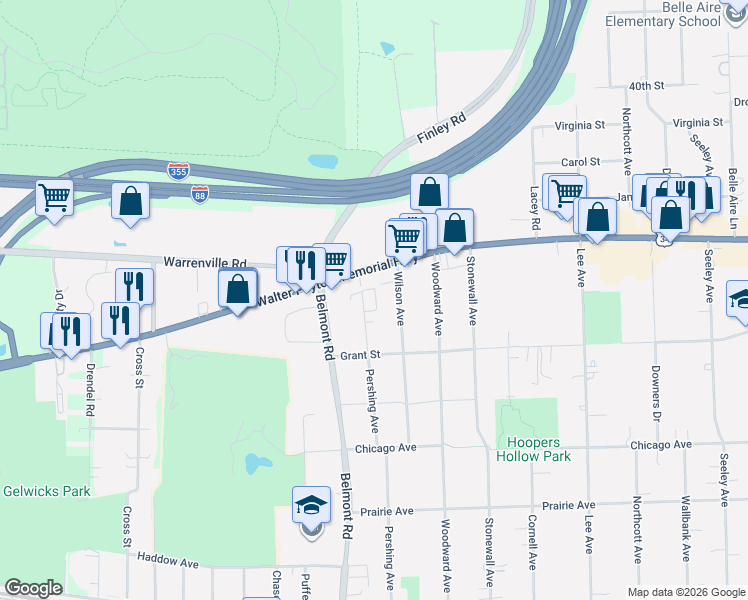 map of restaurants, bars, coffee shops, grocery stores, and more near 4401 Pershing Avenue in Downers Grove