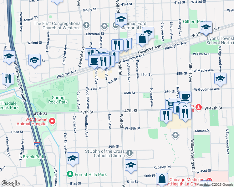 map of restaurants, bars, coffee shops, grocery stores, and more near in Western Springs