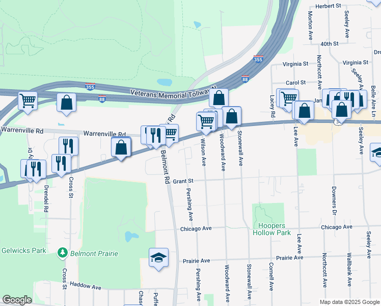 map of restaurants, bars, coffee shops, grocery stores, and more near 4401 Pershing Avenue in Downers Grove
