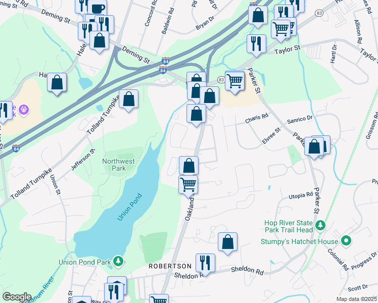 map of restaurants, bars, coffee shops, grocery stores, and more near 25 Marjorie Lane in Manchester