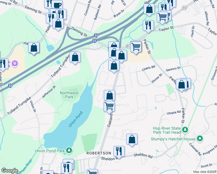 map of restaurants, bars, coffee shops, grocery stores, and more near 152 Marjorie Lane in Manchester