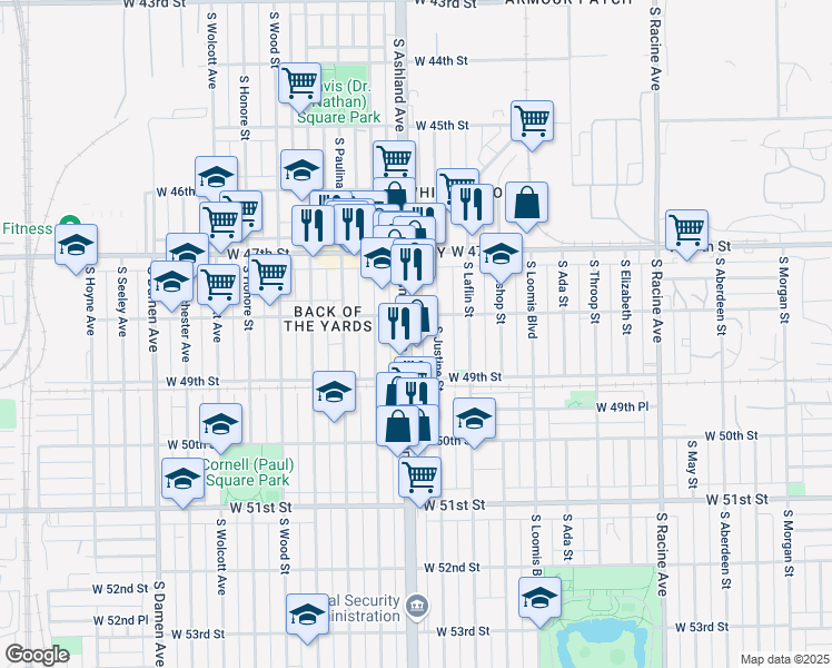 map of restaurants, bars, coffee shops, grocery stores, and more near 4815 South Ashland Avenue in Chicago