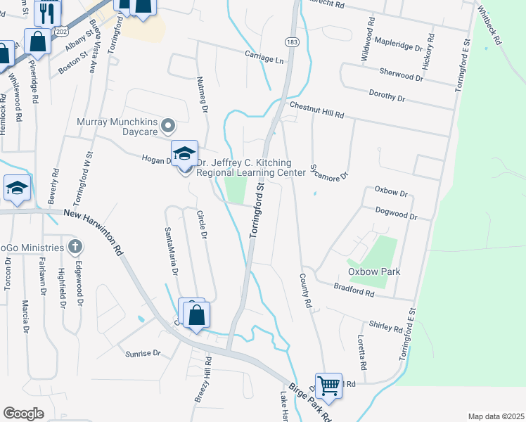 map of restaurants, bars, coffee shops, grocery stores, and more near 332 Torringford Street in Torrington