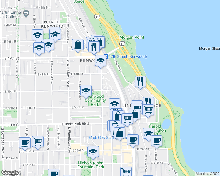 map of restaurants, bars, coffee shops, grocery stores, and more near 1426 East 49th Street in Chicago