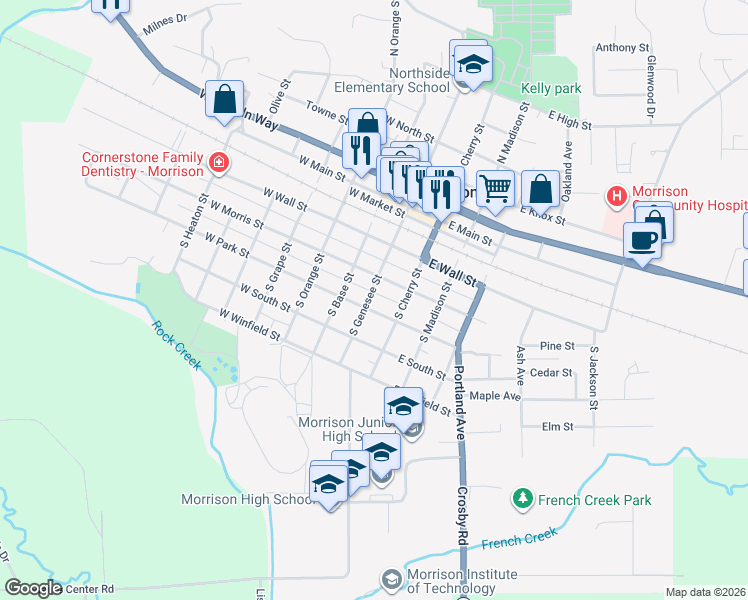 map of restaurants, bars, coffee shops, grocery stores, and more near 306 South Genesee Street in Morrison