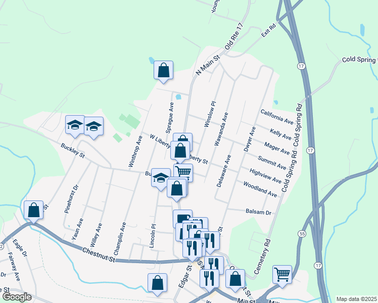map of restaurants, bars, coffee shops, grocery stores, and more near 10 Liberty Street in Liberty