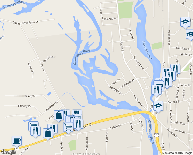 map of restaurants, bars, coffee shops, grocery stores, and more near 135 Adelaide Street in Killingly