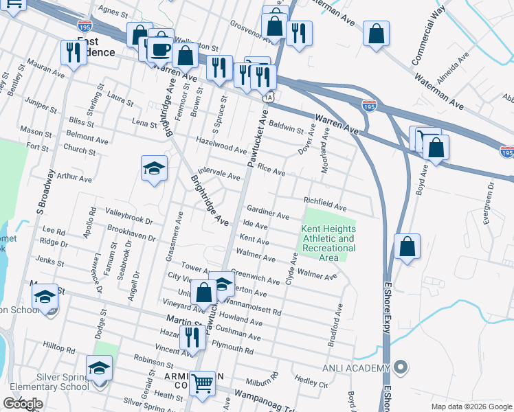 map of restaurants, bars, coffee shops, grocery stores, and more near 18 Gardiner Avenue in East Providence
