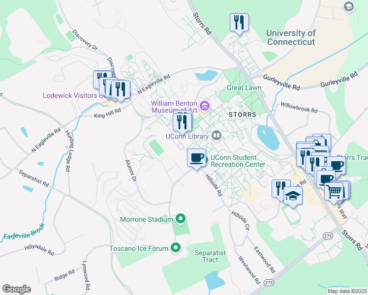 map of restaurants, bars, coffee shops, grocery stores, and more near 2100 Hillside Road in Mansfield