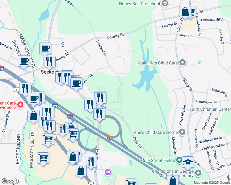 map of restaurants, bars, coffee shops, grocery stores, and more near 6 Springhouse Trail in Seekonk