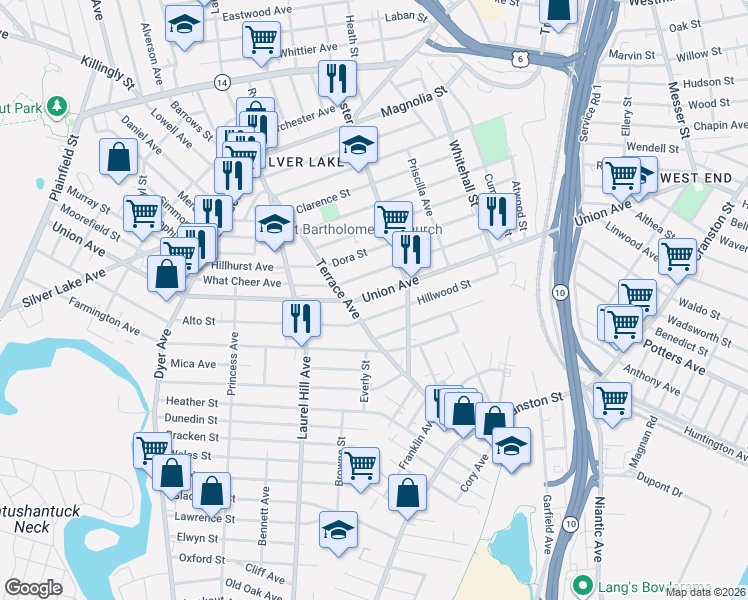 map of restaurants, bars, coffee shops, grocery stores, and more near 367 Union Avenue in Providence