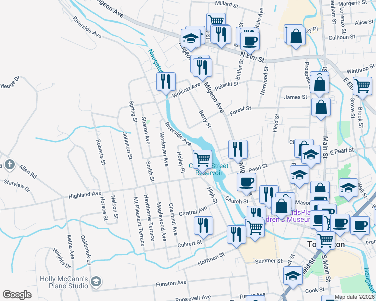 map of restaurants, bars, coffee shops, grocery stores, and more near 94 Riverside Avenue in Torrington