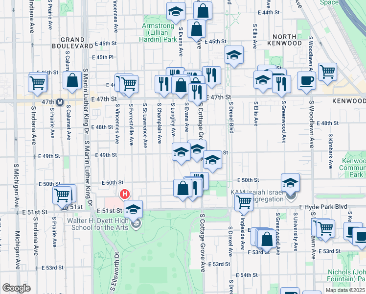 map of restaurants, bars, coffee shops, grocery stores, and more near 4841 South Evans Avenue in Chicago