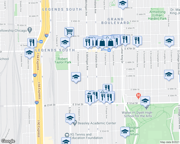 map of restaurants, bars, coffee shops, grocery stores, and more near 4835 South Michigan Avenue in Chicago