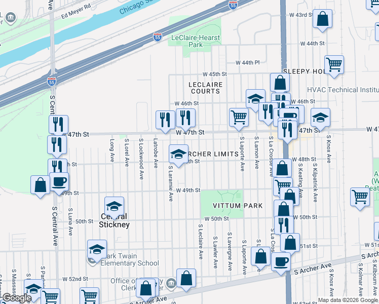 map of restaurants, bars, coffee shops, grocery stores, and more near 4733 South Leamington Avenue in Chicago