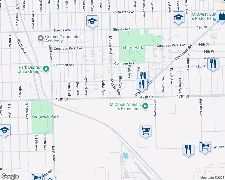 map of restaurants, bars, coffee shops, grocery stores, and more near 4616 Maple Avenue in Brookfield