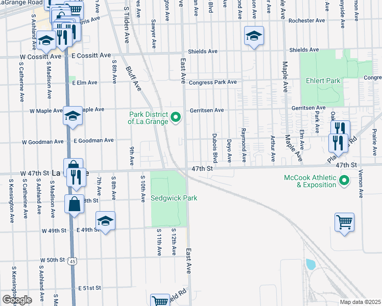 map of restaurants, bars, coffee shops, grocery stores, and more near 4619 East Avenue in Brookfield