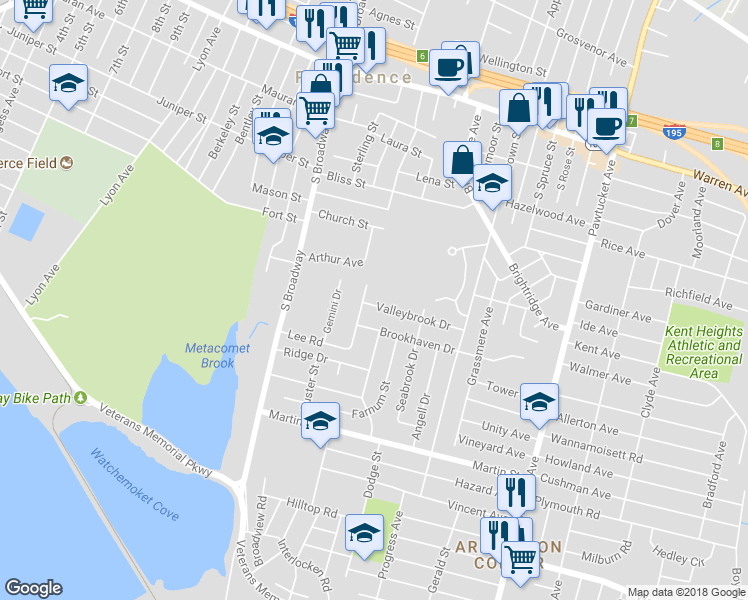 map of restaurants, bars, coffee shops, grocery stores, and more near 56 Valleybrook Drive in East Providence